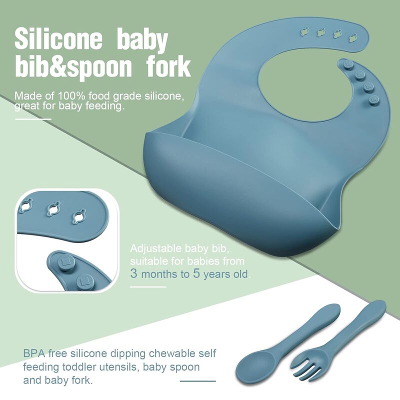 10-Piece Silicone Baby Feeding Set – Includes Suction Bowl, Divided Plate, Adjustable Bib, Soft Spoon & Fork for Infant Self-Feeding (Blue, Green).