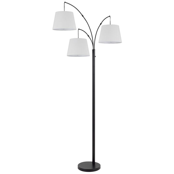 84 Inch Floor Lamp, 3 Tree Style White Drum Shades, Black Metal Finish - Benzara