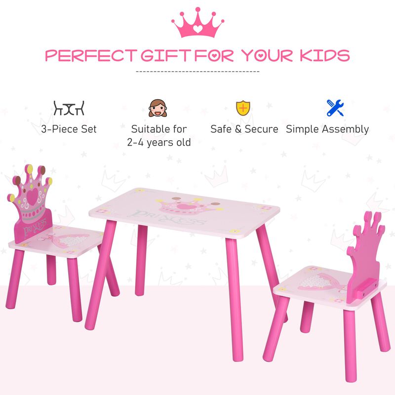 Pink Princess Set: Kids 3-Piece Wood Table and Chair with Crown Pattern