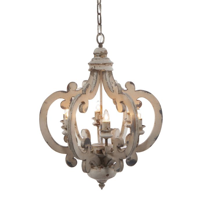 Aki 21 Inch 6 Light Chandelier, Carved Wood Frame, Classic, Vintage, White-Benzara