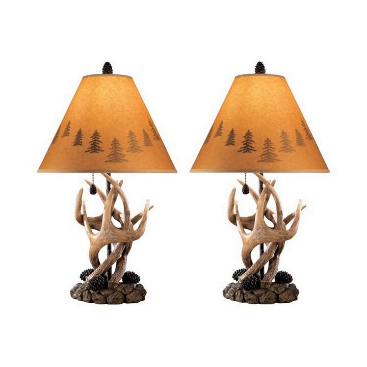Resin Body Table Lamp with Antler and Pinecone Design, Set of 2, Brown-Benzara