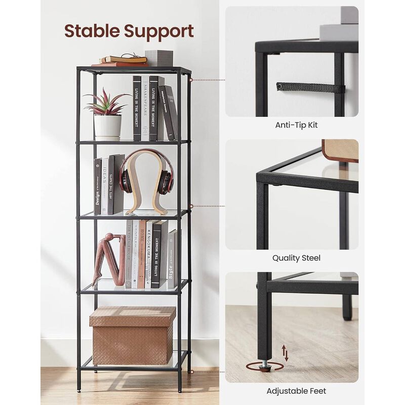 Metal Frame Glass Shelf Bookcase 4-Shelves Shelving Unit