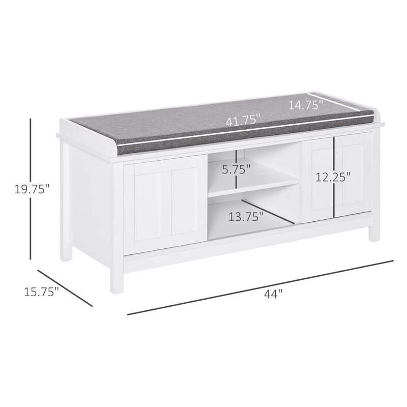 White Entryway Storage: Shoe Bench with Sliding Barn Door and Cushion