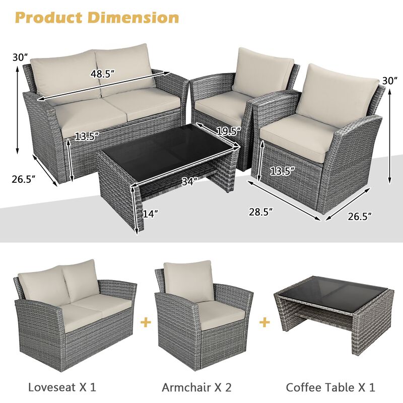 4 Pieces Patio Rattan Furniture Set Sofa Table with Storage Shelf Cushion