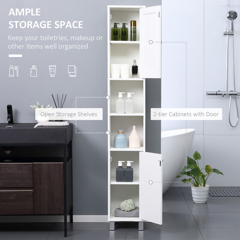 White Bathroom Tower: 71" Freestanding Cabinet with Mirror and Shelves