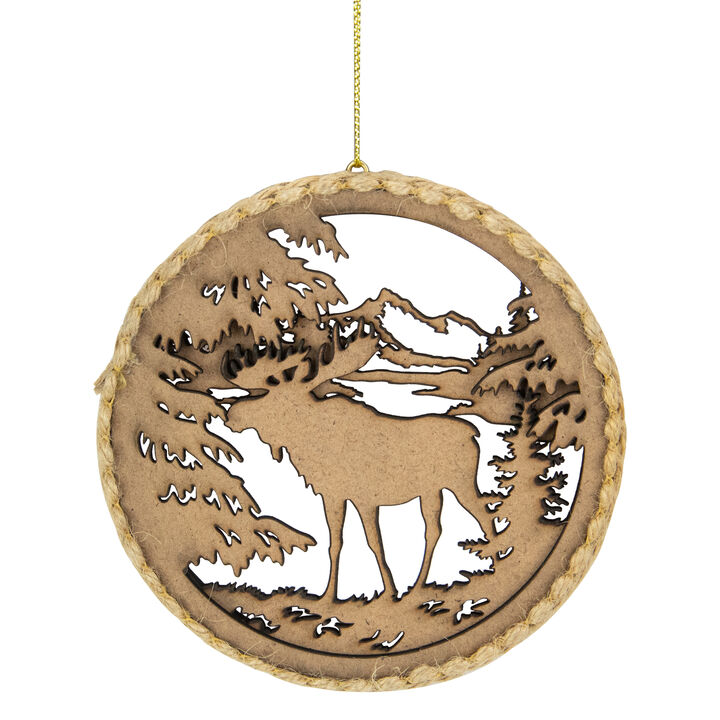 4.25 in Moose with Forest Trees Disk Christmas Ornament  Brown