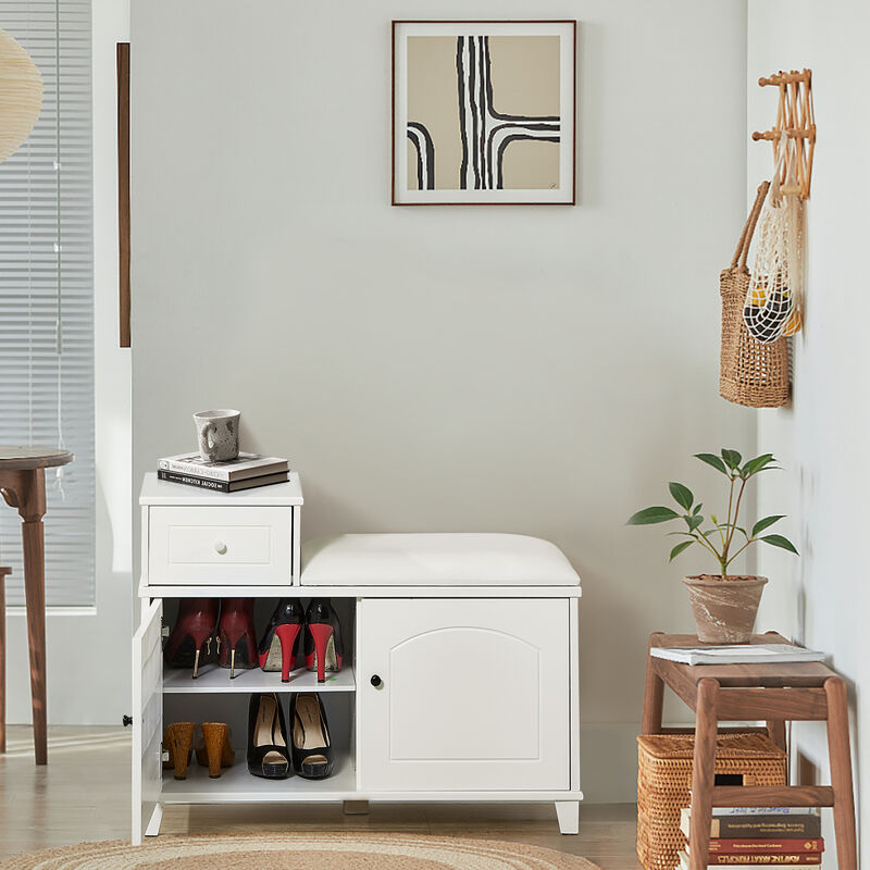 Fireproof Cushioned Shoe Storage Bench with Double Doors