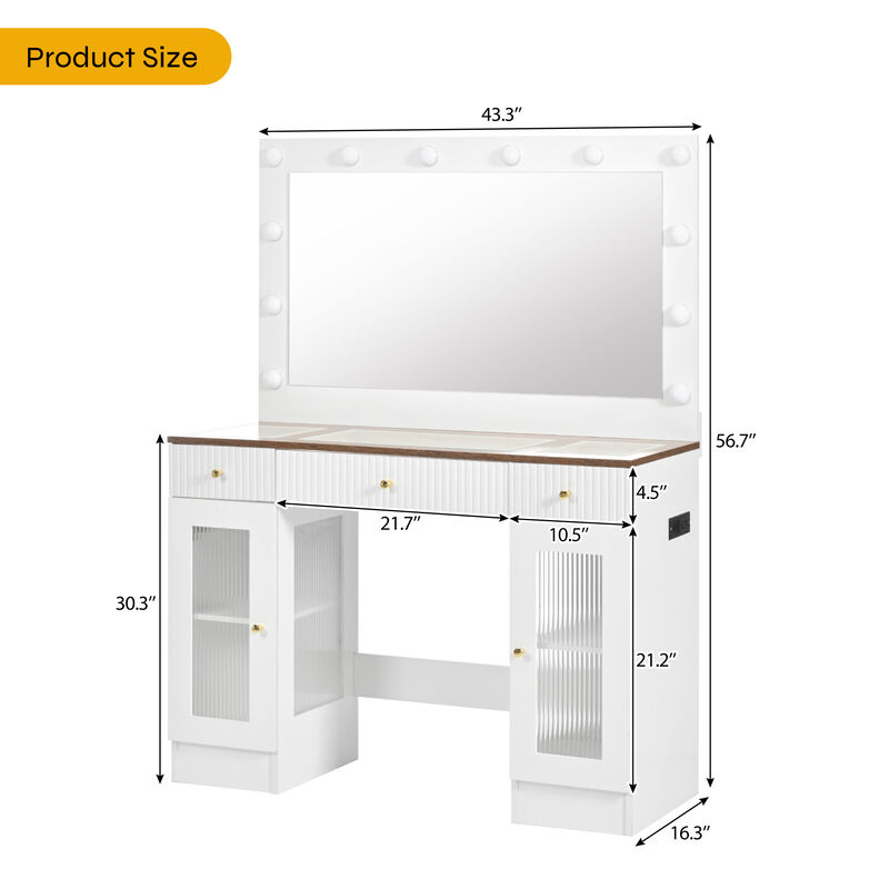 Merax Modern Glass Top Makeup Vanity with Drawers and Power Outlet
