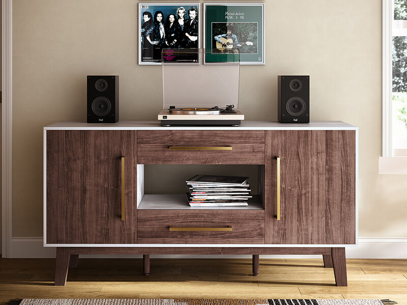BELLEZE Mid-Century Modern Side Table with Two Drawers and Enclosed Cabinets, Sideboard Buffet Table for Kitchen, Living Room, or Hallway - Tristan (Dark Walnut)