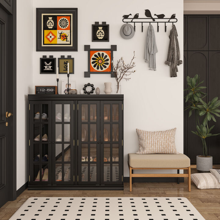 FUFU&GAGA Modern Black Shoe Cabinet with Glass Doors, Adjustable Shelves & Metal Handles (47.2" W x 15.7" D x 47.2" H), Black