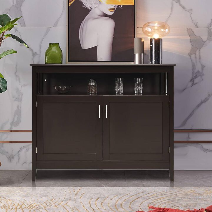 Hivvago Dark Brown Wood 2 Door Dining Buffet Sideboard Cabinet with Open Storage Shelf