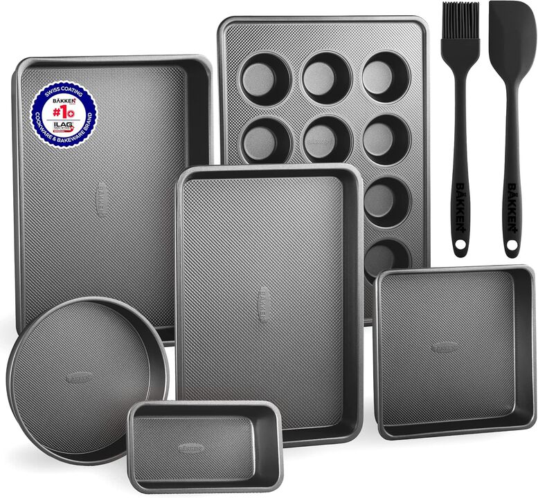 Bakeware Set – 8 Piece – Non-Stick Professional Home Bakeware – Multi Sized Baking Pan Set - Muffin Pan, Loaf Pan and More - Black