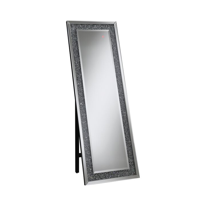 Cheval Mirror with Rhinestone Inlay and LED, Silver-Benzara
