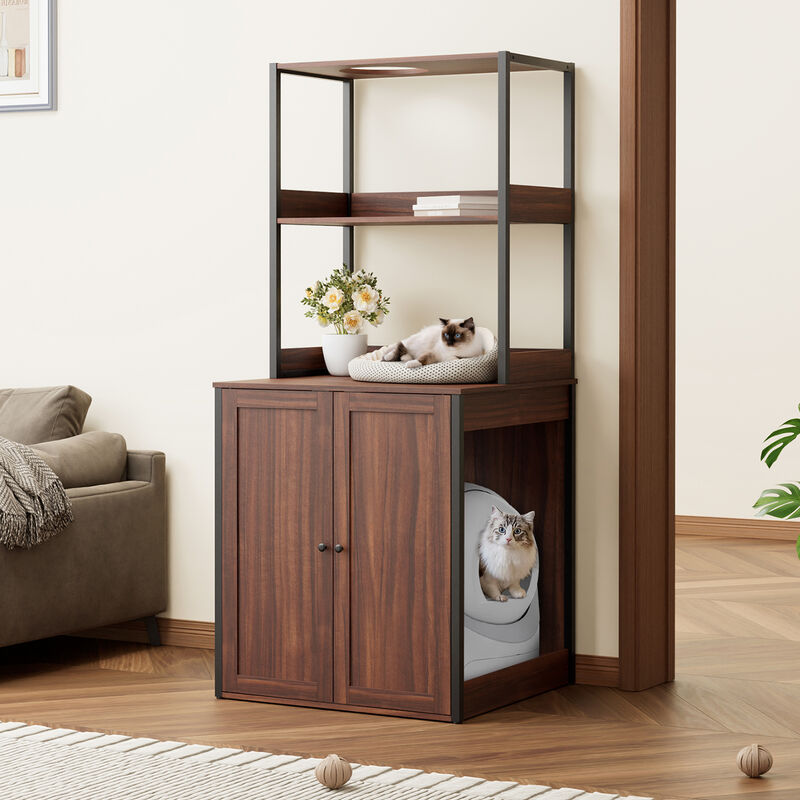 Large Cat Litter Box Enclosure Furniture with Shelves, Cat Washroom Furniture Cat House for Smart Litter Box, in walnut