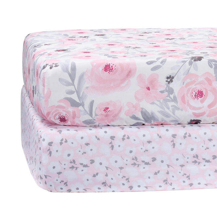 Bedtime Originals Floral Pink/Gray 2-Pack Fitted Crib/Toddler Sheet Set- Flower