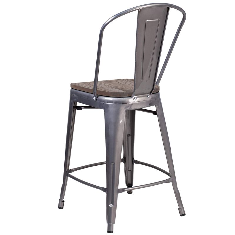 Flash Furniture 24" High Clear Coated Counter Height Stool with Back and Wood Seat