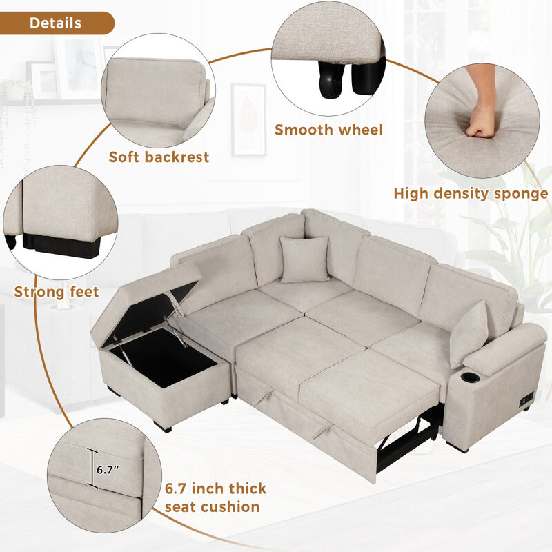 87.4" Sleeper Sofa Bed, 2 In 1 Pull Out Sofa Bed L Shaped Couch With Storage Ottoman