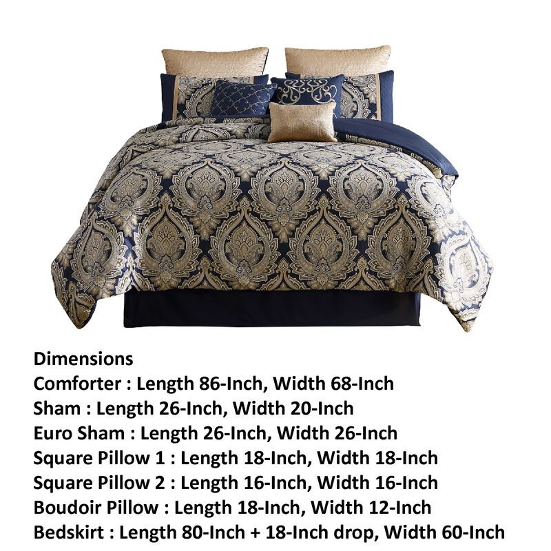 Nova 9 Piece Polyester Queen Comforter Set, Gold Damask Print, Navy Blue - Benzara