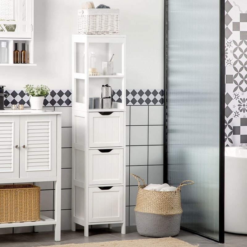 White Bathroom Tower: Slim Cabinet with 3 Drawers and 2-Tier Shelf