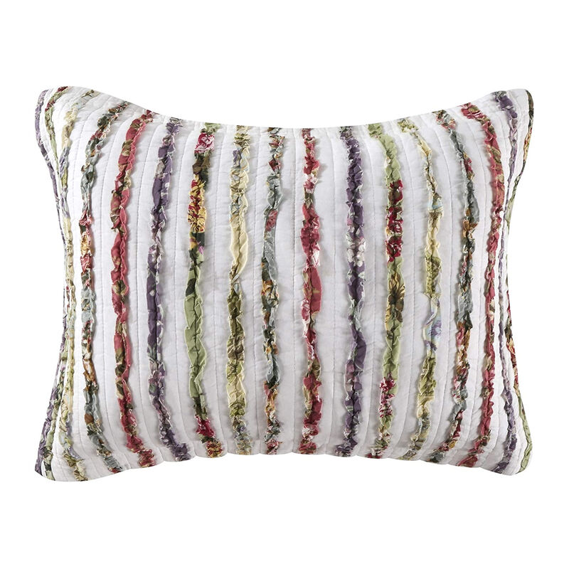 Five Piece King Size Cotton Quilt Set with Sewn Floral Ruffles, Multicolor - Benzara