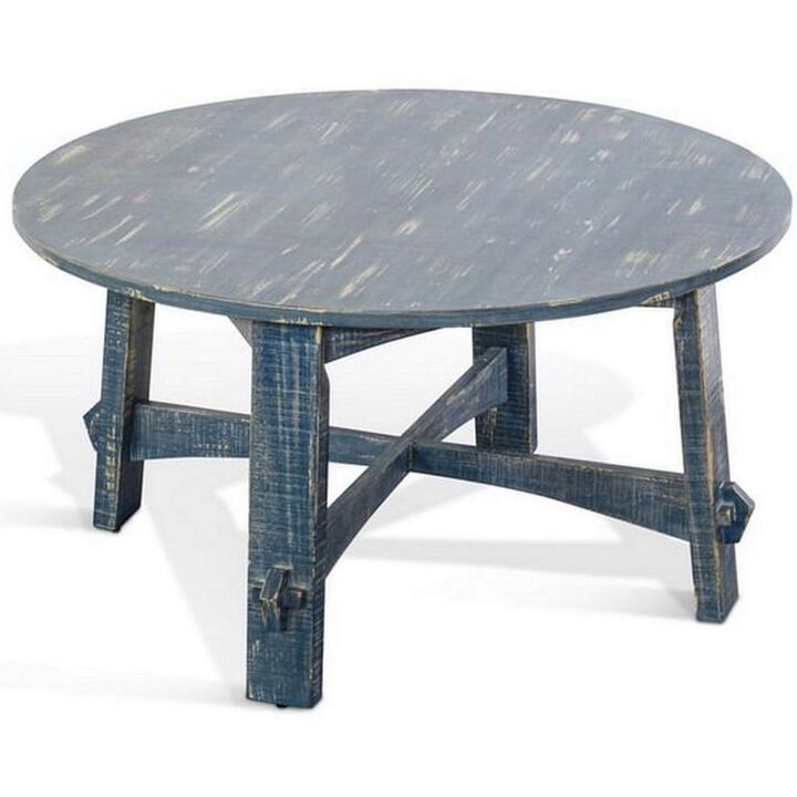 Rena Rustic Coffee Table, 36 Inch Round Top Distressed Ocean Blue Wood - Benzara