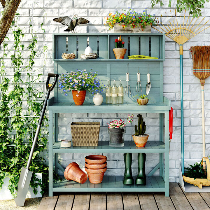 65" Large Wooden Farmhouse Rustic Outdoor Potting Bench Table, Patio Workstation, Garden Potting Bench with 4 Storage Shelves and Side Hook