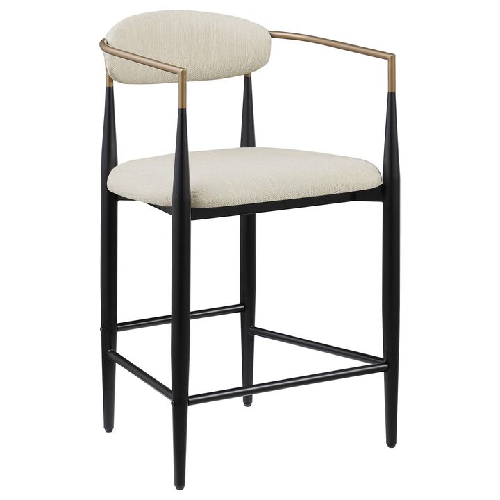 Tiara Counter Height Chair Set of 2, Beige Fabric, Black Metal 25 Inch - Benzara