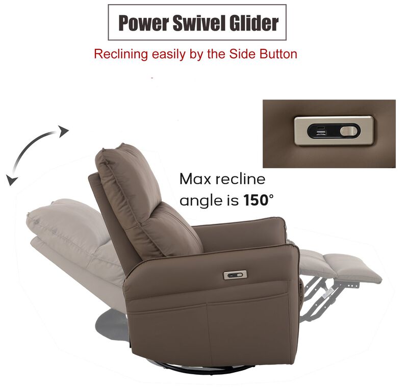 Mondawe 270° Power Swivel Rocker Recliner Chair, PU Leather Electric Glider with USB Ports