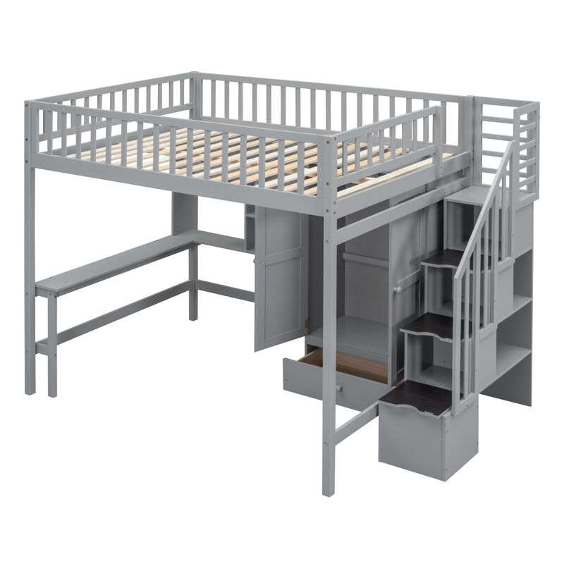 Full Size Loft Bed With Bookshelf, Drawers, Desk, And Wardrobe