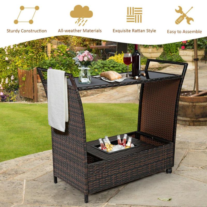 Hivvago Patio Rattan Bar Serving Cart with Glass Top and Handle