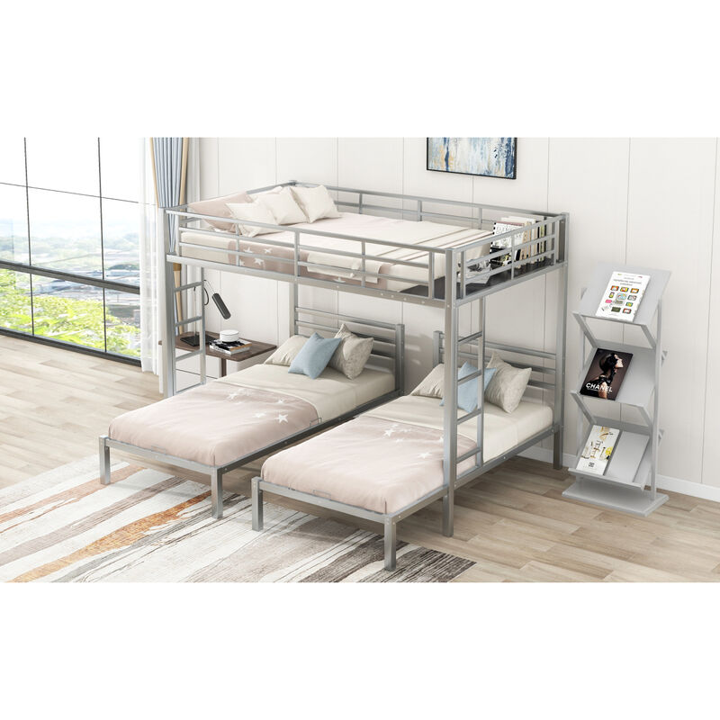 Full Over Twin&Twin Size Bunk Bed With Built-In Shelf, Silver