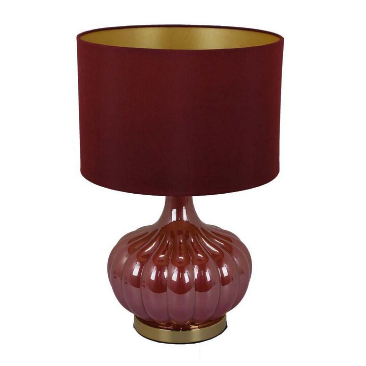 Gia 18 Inch Table Lamp, Drum Shade, Round Body with Vertical Ribs, Red - Benzara