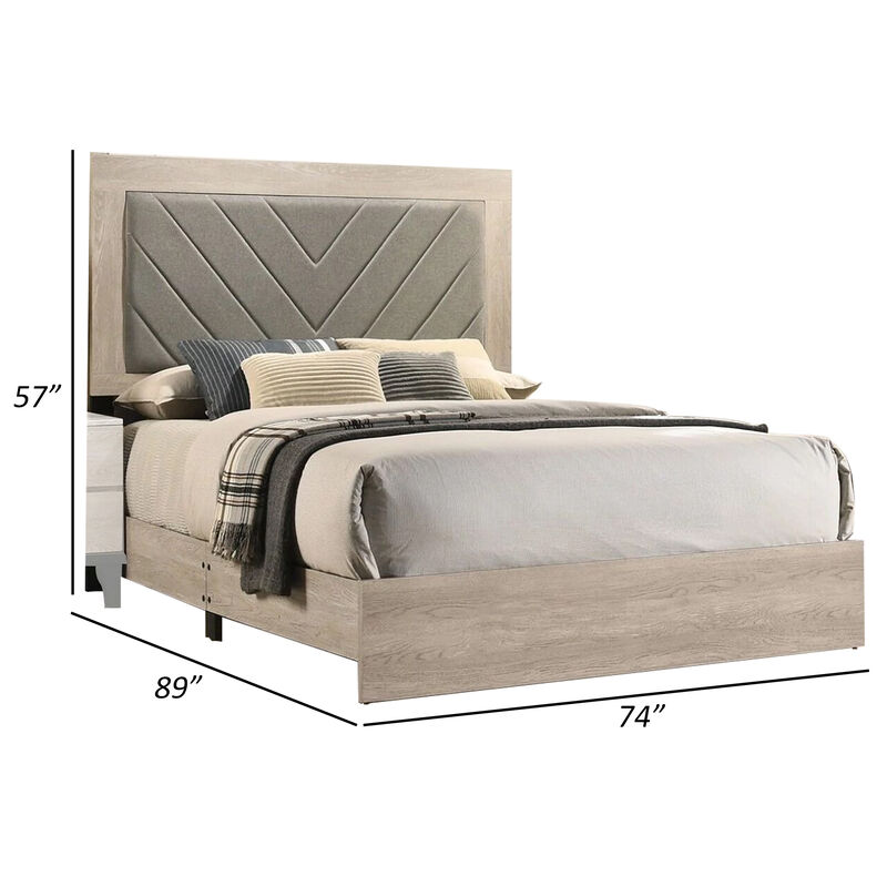 Cato Upholstered California King Bed, Tufted Gray Headboard, Cream White - Benzara
