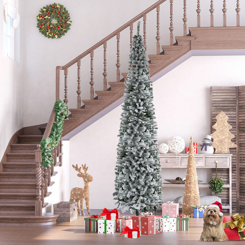 9' Artificial Snow Flocked Christmas Holiday Pencil Tree Winter Xmas Decoration