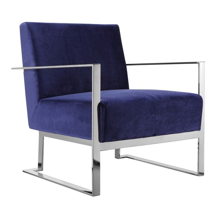 Boly 28 Inch Lounge Chair, Navy Velvet, Foam Cushions, Chrome Steel Base - Benzara
