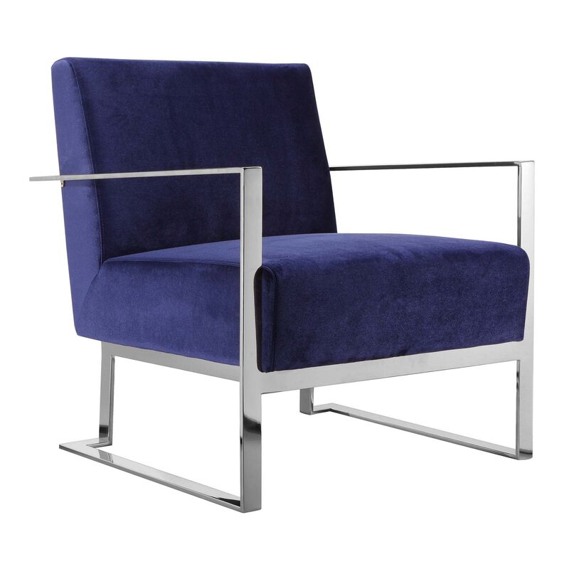 Boly 28 Inch Lounge Chair, Navy Velvet, Foam Cushions, Chrome Steel Base - Benzara