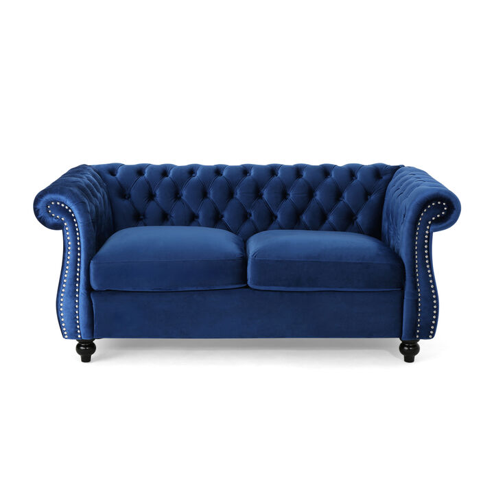 Bernie Loveseat 62 Inch Sofa, Nailhead Trim, Solid Wood, Blue Tufted Fabric - Benzara