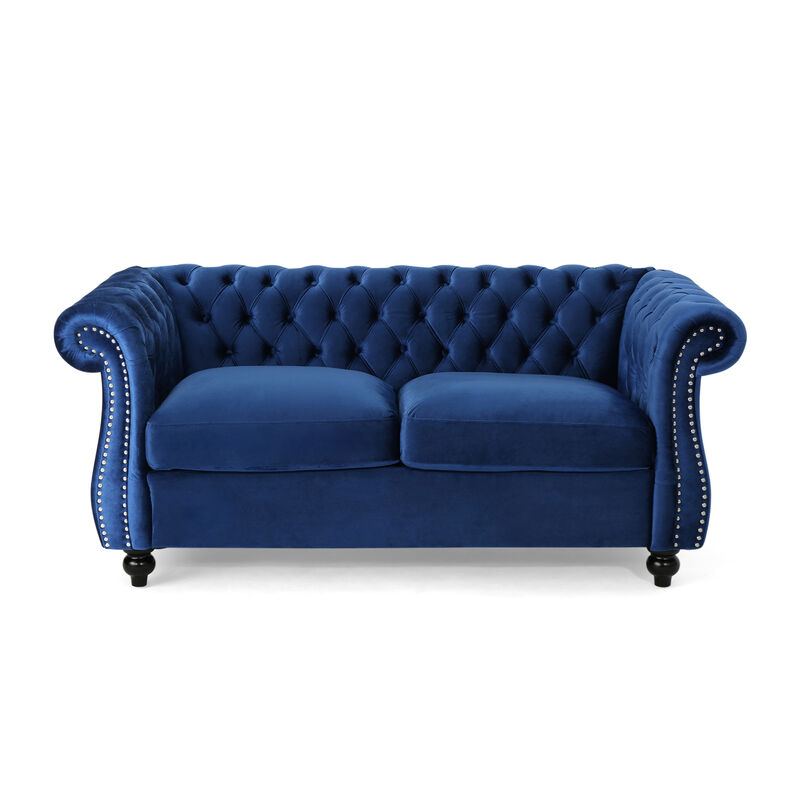 Bernie Loveseat 62 Inch Sofa, Nailhead Trim, Solid Wood, Blue Tufted Fabric - Benzara