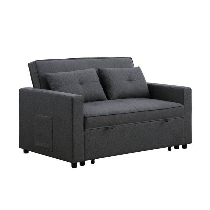 Zoey Dark Gray Linen Convertible Sleeper Loveseat With Side Pocket