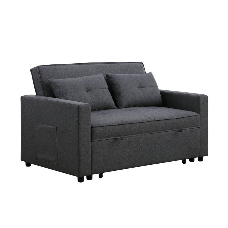 Zoey Dark Gray Linen Convertible Sleeper Loveseat With Side Pocket