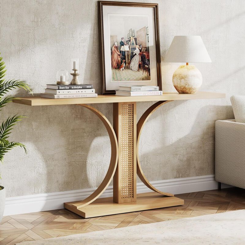 55 inch rattan entrance table, farmhouse corridor table, wooden entrance table, narrow sofa table, can be placed in corridors, lobbies, behind sofas, living rooms, corridors