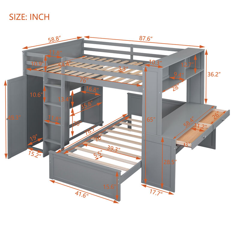 Merax Loft Bed with Storage Shelves and Wardrobe