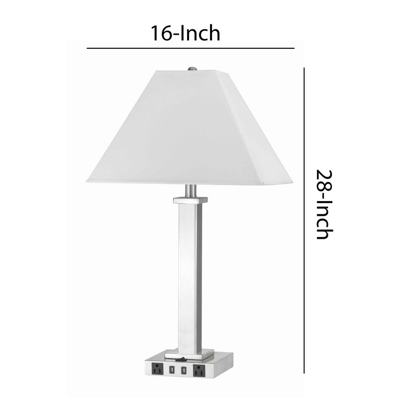 Trapezoid Shade Table Lamp with Metal Base and 2 USB Ports,White and Chrome-Benzara