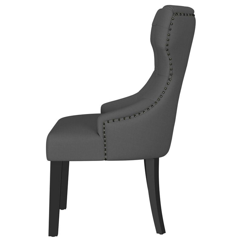 Aney Dining Side Chair, Curved Barrel Design, Gray Fabric, Black Wood - Benzara