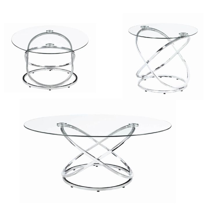 Modern 3 Piece Coffee Table Set with 2 End Tables, Glass Tabletop, Chrome-Benzara