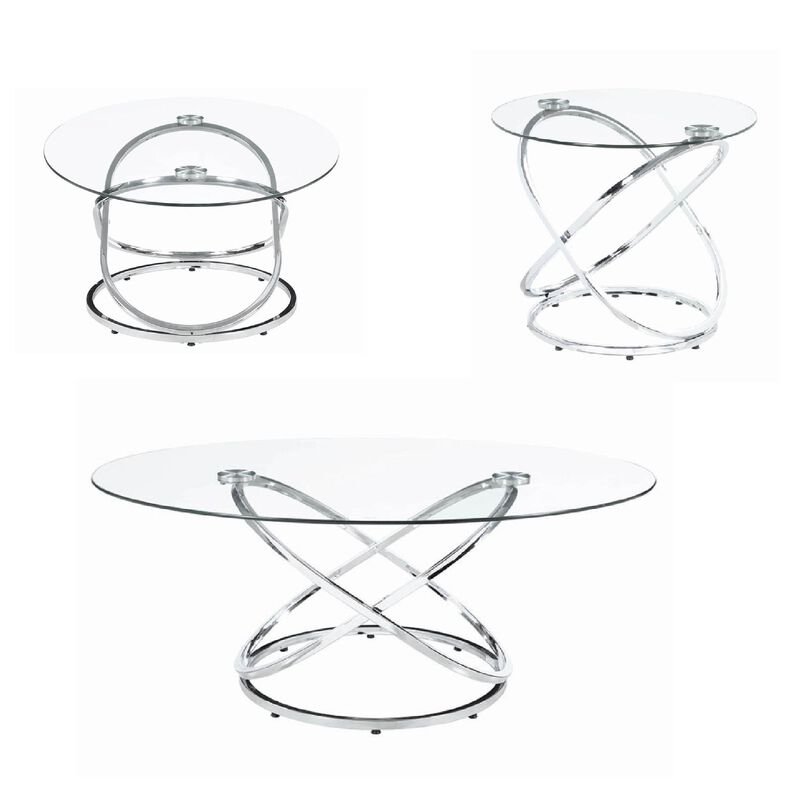 Modern 3 Piece Coffee Table Set with 2 End Tables, Glass Tabletop, Chrome-Benzara