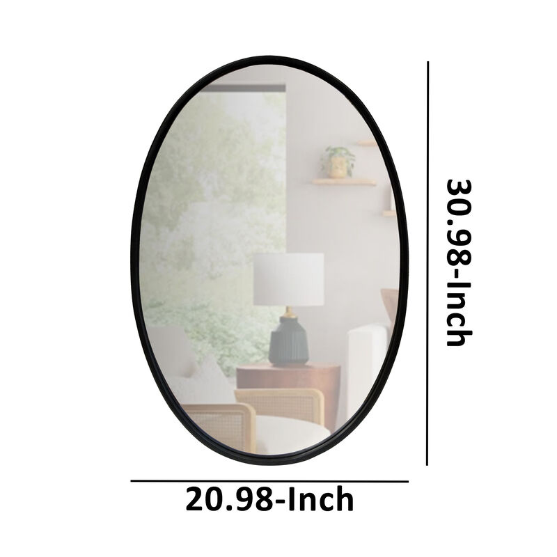 Oval Metal Wall Mirror with Framed Edges and Wooden Backing, Black-Benzara