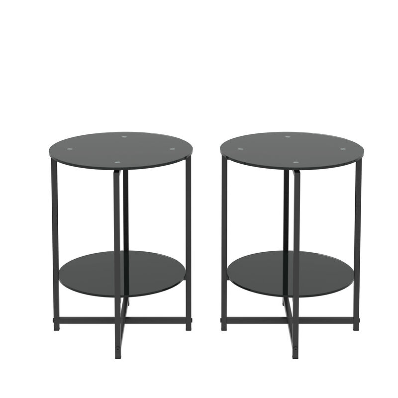 2-Piece Set (Black) Tempered Glass End Table, Round Coffee Table For Bedroom Living Room Office