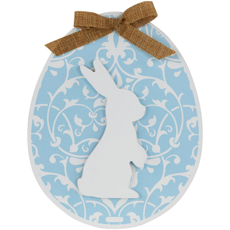 Easter Egg with Bunny and Burlap Bow Wooden Wall Decoration - 9.5" - Blue