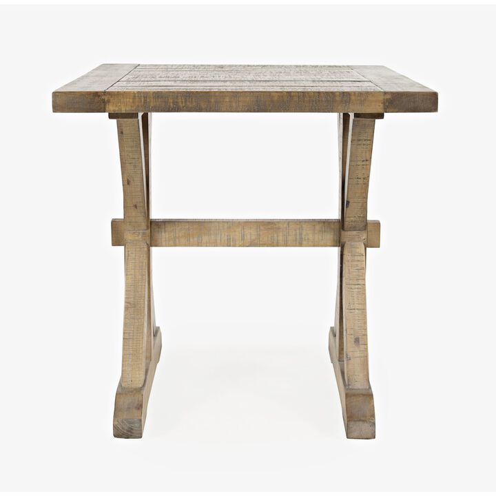 Jofran Carlyle Crossing Modern Rustic Distressed Solid Wood End Table with Trestle